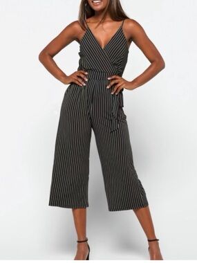 Kaileigh Black Pinstripe Wide-Leg Jumpsuit